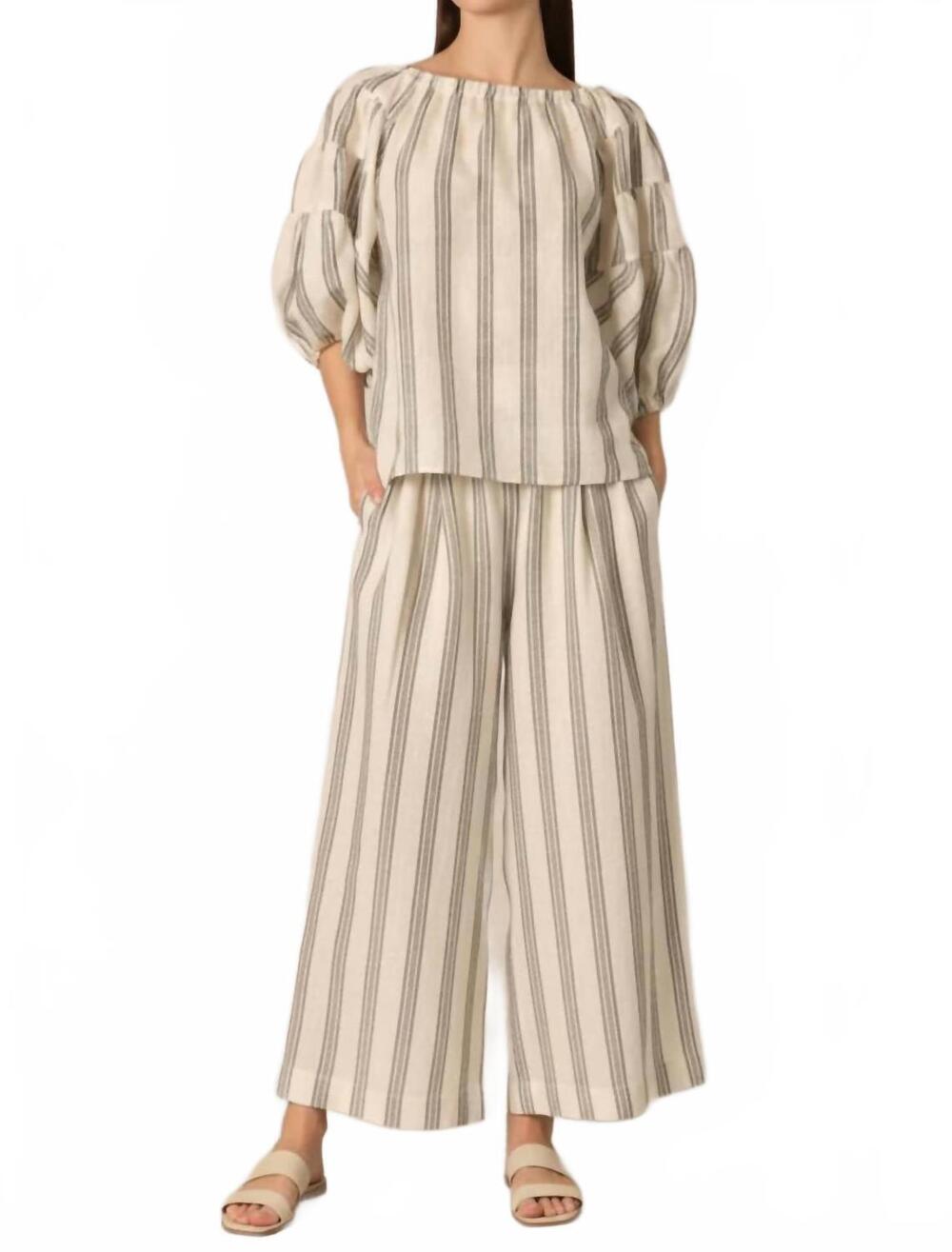 NEW P.CILL striped print linen off shoulder top in beige